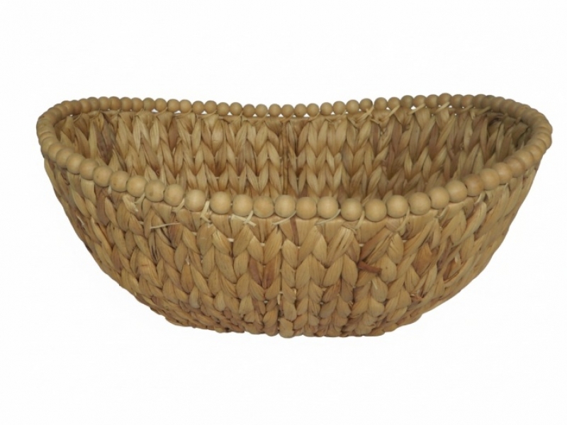 Pro Water Hyacinth Oval Bowl with Wooden Beaded Rim - Artisanal Home Decor Basket
